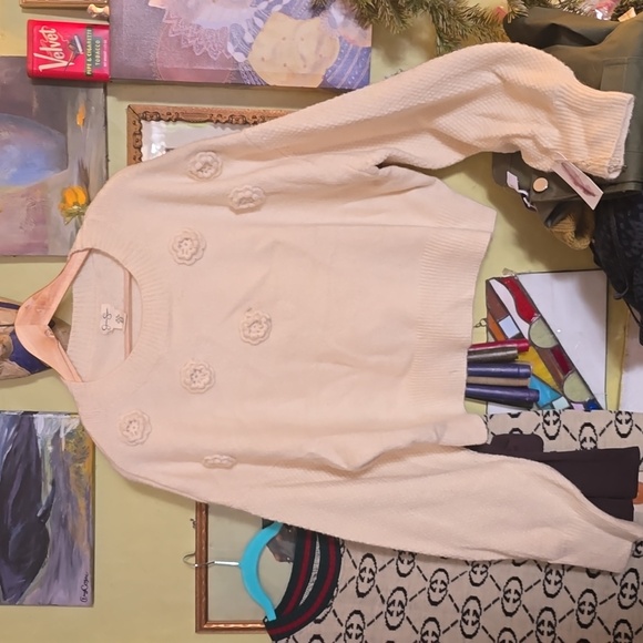 NWT Creme Balloon Sleeve Popcorn Knit Sweater ROSETTES Jessica Simpson XL - Picture 4 of 5